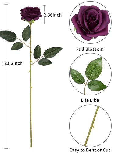 DuHouse 10pcs Fake Roses Artificial Silk Flowers Faux Rose Flower Long Stems Bouquet for Arrangement Wedding Centerpiece Party Home Kitchen Decor(Plum) image 2