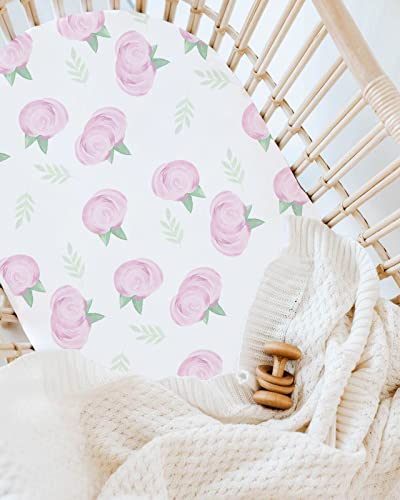 Image of TotAha Premium Stretchy Bassinet Cradle Sheets (2-Pack) -Hypoallergenic, Silky Comfort, Buttery Soft, Calming Effect, All-Season Jersey-Knit Sheets,32 X 16 X 3''(Pink Buds & Green Leaves)