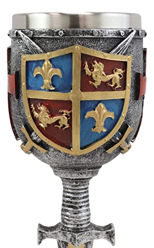 Ebros Lion And Fleur De Lis Coat Of Arms Heraldry Medieval Renaissance Crusader Knight Suit Of Armor Drinkware Serveware With Excalibur Sword Handle Stem Decor Accent (Wine Goblet Chalice) #TOP4