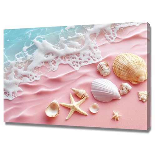 WIKEO Moderni astratto Quadri Bello poster delle conchiglie da spiaggia Spiaggia Immagine pittura su tela, soggiorno camera da letto Ufficio Decorazione Murale(Rosa)-70x100cm Incorniciato