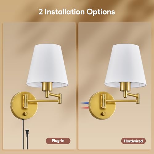 Image of VONLUCE Wall Sconce Set of 2, Plug in & Swing Arm Wall Lamps, Gold Finish