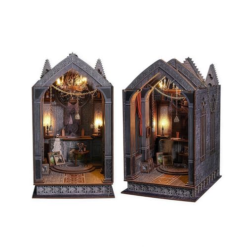 Book Nook DIY Gothic Miniature Kit, Wooden Miniature Kit with 3D Structure and Bookend Design for Adults, DIY Miniature House Kit for Bookshelf Decor and Gift