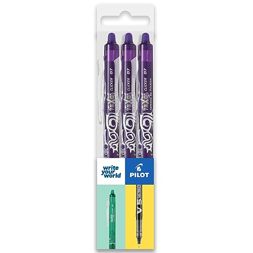 Pilot FriXion Clicker - Bolígrafo de fricción borrable fino, punta retráctil de 0,7 mm, grosor de trazo de 0,35 mm, paquete de 3 almohadas, tinta violeta