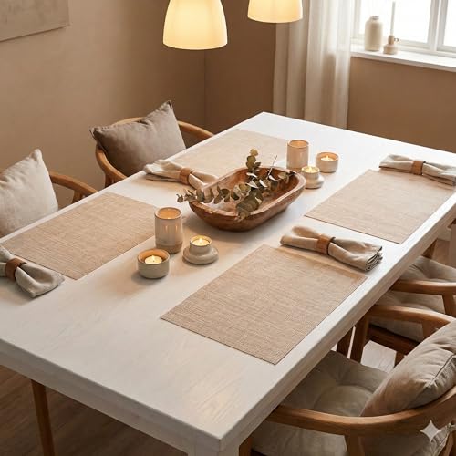 Image of YELONA Placemats for Dining Table - Heat Resistant, Non-Slip & Washable PVC Vinyl Table Mats - Set of 6, 45 x 30 cm (Beige & White)