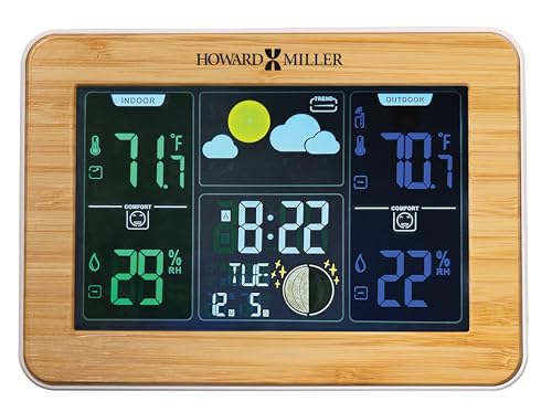 Howard Miller Bamboo Weather Station Alarm Clock, Battery Operated Colorful Weather LCD Illuminated Screen All-in-One Display, Bamboo Front Frame Sturdy Wooden Material for Home Decor