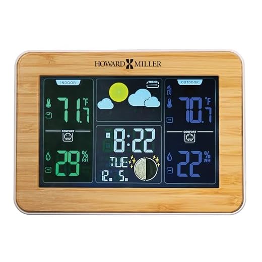Howard Miller Bamboo Weather Station Alarm Clock, Battery Operated Colorful Weather LCD Illuminated Screen All-in-One Display, Bamboo Front Frame Sturdy Wooden Material for Home Decor