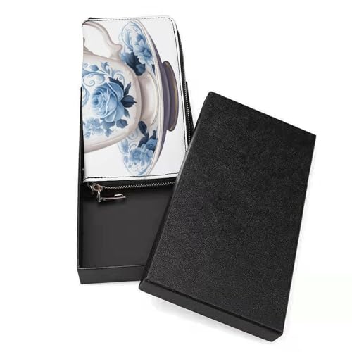 Vintage Teacup with Floral PU Leather Clutch Long Bifold Wallet, Coin Purse Credit Pass Case, Durable Card-Holder Money Storage for Women Men3