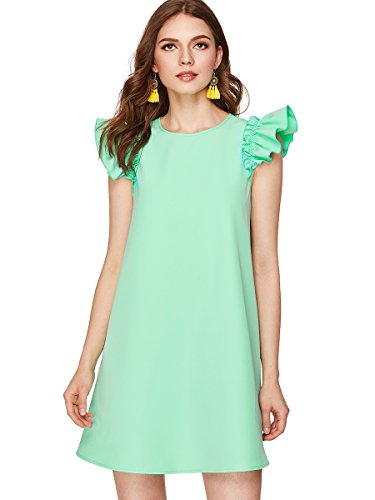 Romwe Women's Ruffle Trim Sleeve Summer Beach A Line Loose Swing Dress Green M