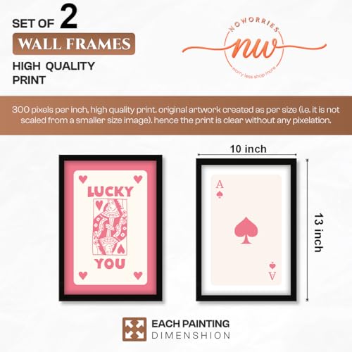 Image of NoWorries Playing Cards Wall Art Framed Painting | Lucky You Typography & Ace of Spades Card Art Prints | Minimal Pink Aesthetic Posters Frames | Premium 300 GSM Paper Print with Synthetic Wooden Frame | Modern Wall Decor for Living Room, Bedroom and Office (Set of 2) (BLACK, ART-7, 10X13INCHES)