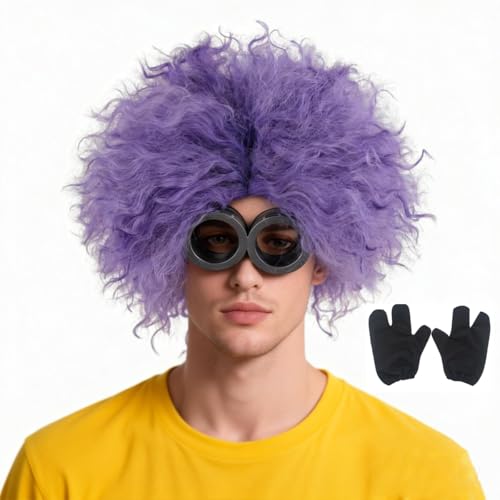 TANTAKO Lot de 3 perruques d'Halloween avec lunettes et gants pour homme et femme (deux yeux) - Violet
