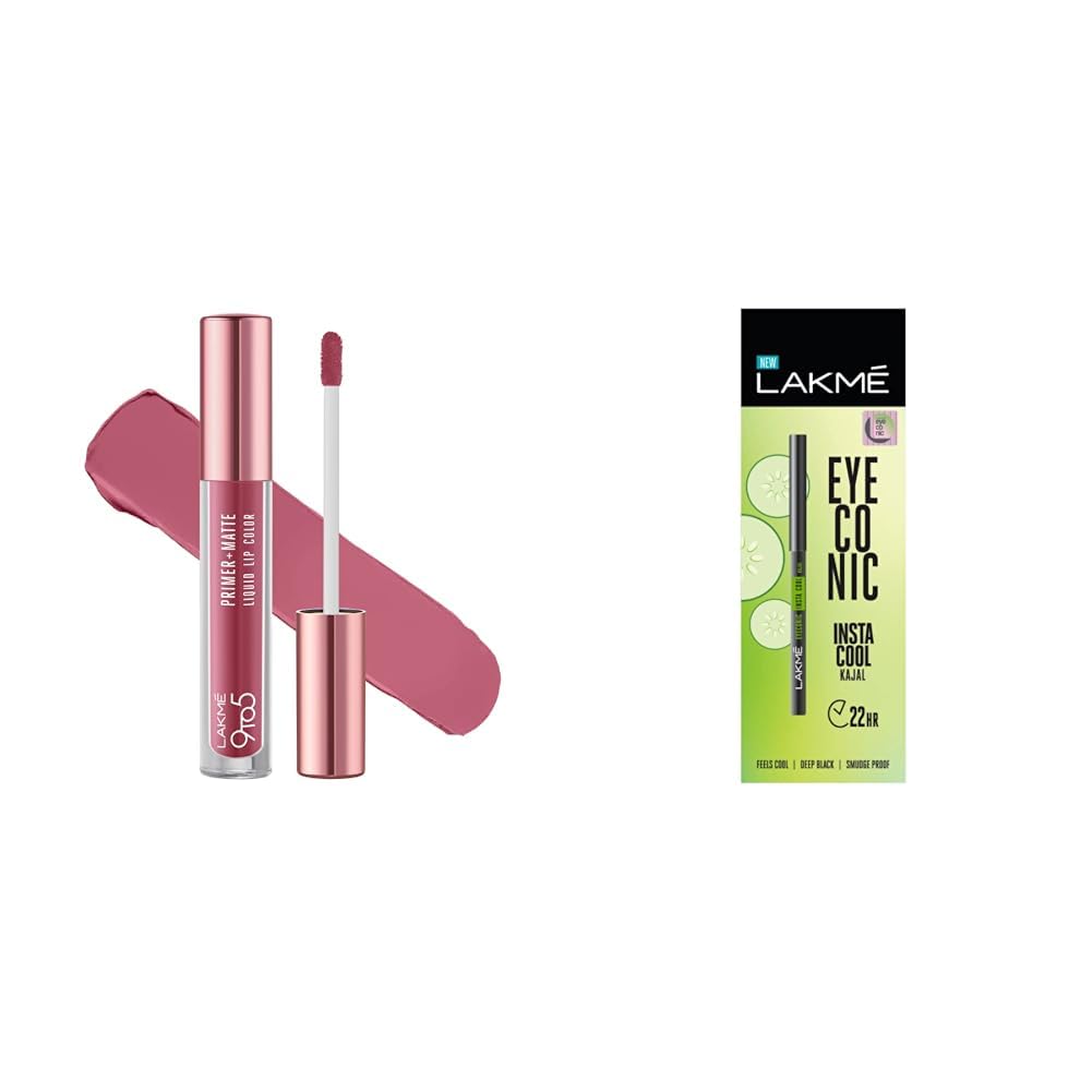 LAKMÉ Lip Color Liquid Everyday Pink (Matte) & Eyeconic Insta Cool Kajal, Black, Cooling Kohl Liner, Glossy Finish 0.35 G, Multicolor