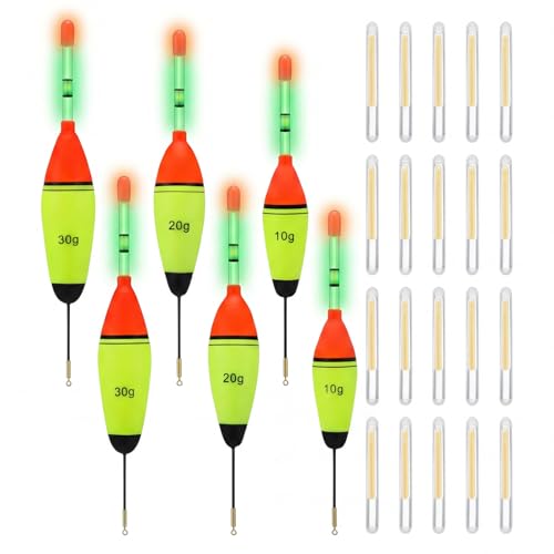 Shappy 6 Pcs Lighted Fishing Bobbers Floats 20 Pcs Glow Sticks Glow in The Dark Light up Slip Fishing Bobbers with Glowing Stick 10g/20g/30g Weight Lighted Boobers for Night Crappie Walleye Catfish
