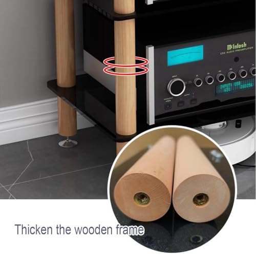 Armario de almacenamiento HiFi de 3 niveles para audio, estantes de vidrio templado, patas de madera maciza, centro de entretenimiento moderno para equipos de audio y accesorios - imagen 5