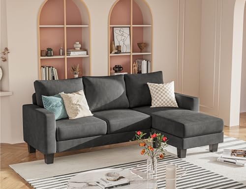 Homall Sofa for Living Room, Couch with Convertible Chaise, 3 Seat L-Shaped Sofas, Comfy Fabric Couches for Apartment, Small Space, Dark Gray