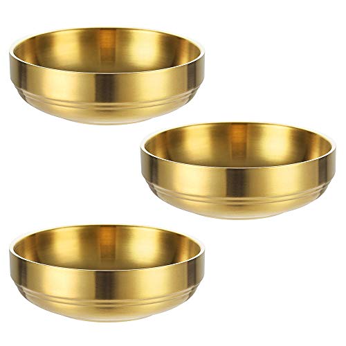 3 pz grande piatto per salsa in acciaio inox, vassoio rotondo per condimenti, piatto per salsa, ciotole per sushi, vassoi per antipasto, condimento per ristorante, casa (12 cm, oro)