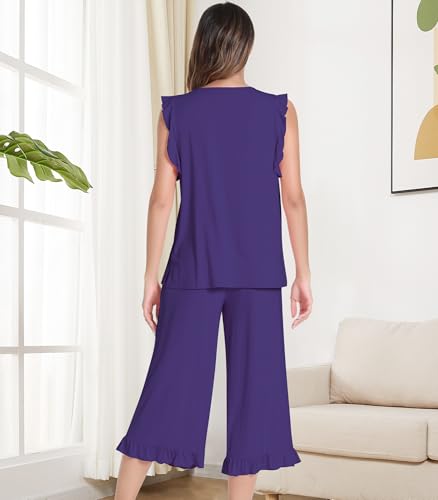 Image of NACHILA Bamboo Viscose Pajamas for Women Pleated Ruffle Tank Top Pjs Set