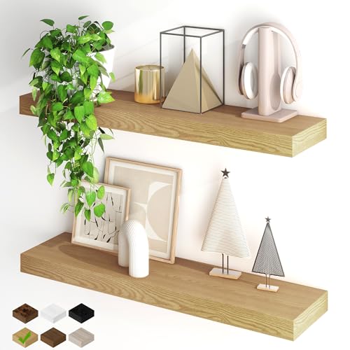 Fun Memories Floating Shelves for Wall, 32Inch Floating Shelves Set of 2, Hanging Shelf with Invisible Brackets, Wood Shelves for Living Room, Bedroom, Kitchen, Oak