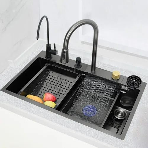 Image of ARQUIN Waterfall Kitchen Faucet with Pull Out Spray, 4 Water Outlet Modes, Hot and Cold Mixer Tap, 360 Rotating Faucet, Modern Kitchens Grey (Matte Finish)