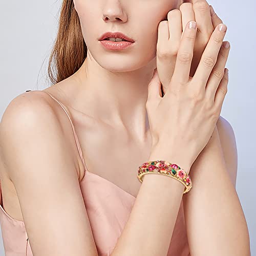 EleQueen Women's Gold-Tone Austrian Crystal Enamel Flower Leaf Bangle Bracelets2