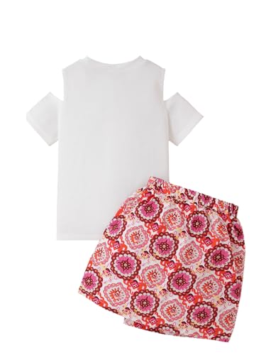 Image of Girls Summer Clothes Cold Shoulder Short Sleeve T-shirt and Irregular Floral Skirt 2Pcs Outfit Set