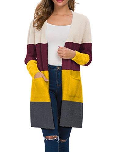 Qixing Women's Casual Open Front Knit Cardigans Plush Fuzzy Sweater Coat With Pockets Color Stitching #TOP1