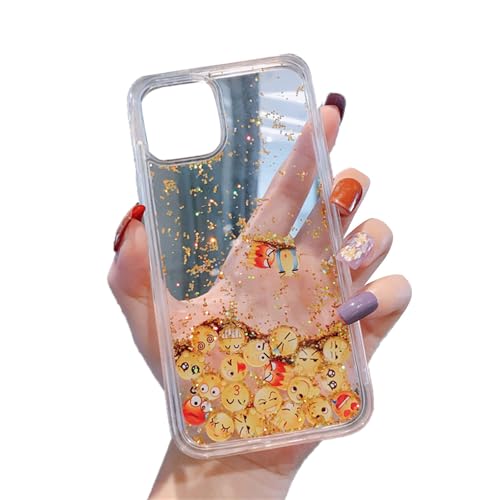 Gold Glitter Liquid Phone Emoji Case for iPhone 13/14, Full Body Luxury Floating Sparkle Quicksands Phone Case Soft TPU Flowing Protective Cover for Girls Women