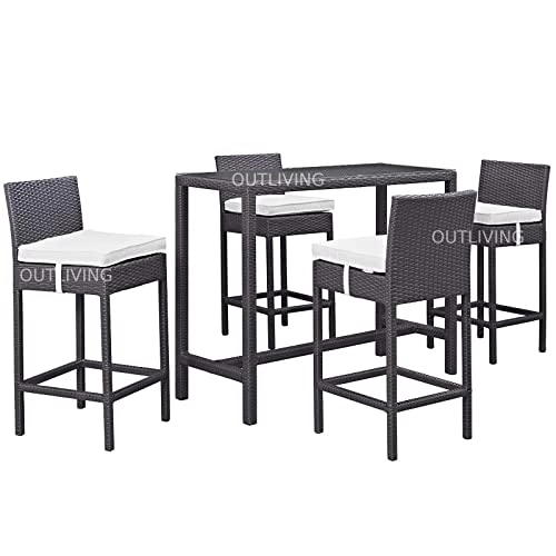 Image of OUTLIVING Rattan Wicker Outdoor Bar Patio Table with 4 Chairs Set for Home Graden Balcony 4 Seater High Bar Patio Furniture Table and Chairs - (White Cushion, Brown)