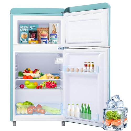 Frigorífico retro, doble puerta, volumen total 72L, compartimento congelador 21L, clase energética E, 120 kWh/año, iluminación LED, 3 estantes ajustables.,Blue