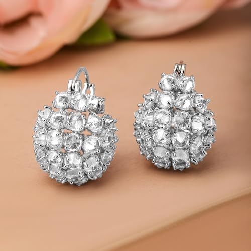 Image of Rubans Rhodium-Plated Cubic Zirconia Cluster Design Statement Hoop Earrings