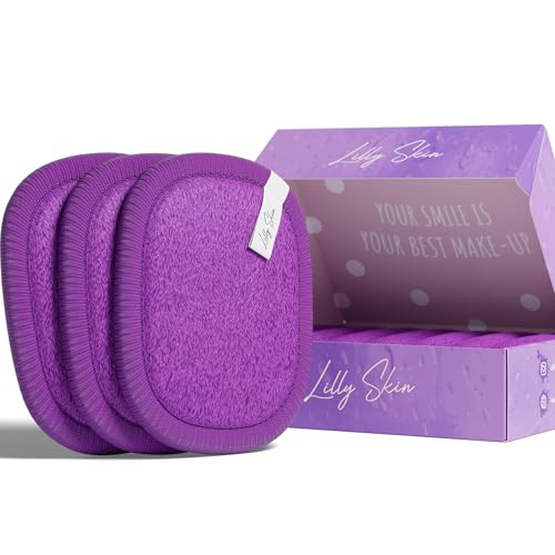 Pads Démaquillants Lavables et Réutilisables Lilly Skin - Lingettes Carrées Microfibres Nettoyantes et Exfoliantes pour la Peau du Visage - Boîte de 7 Pads en Tissu Simili Coton (Violet Intense, XL)
