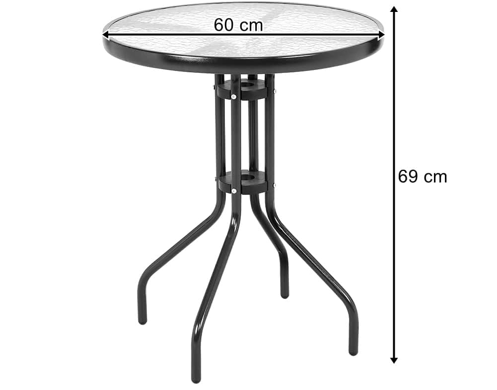 Gartentisch Rund 60 cm Schwarz Sicherheitsglas Balkon Outdoor | Pulverbeschichteter Stahl, UV-beständig, rutschfest, wetterfest, stylisch, pflegeleicht