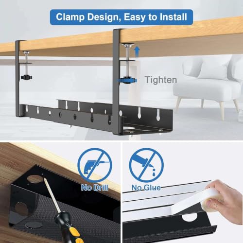 Image of Joomouney Under Desk Cable Organizer Rack, Retractable 28.5-55 cm Adjustable Metal Tray, Adjustable Under Desk Cable Organizer Holder for Power Extention, Power Cord, Network Cable (Black EXTENDABLE)