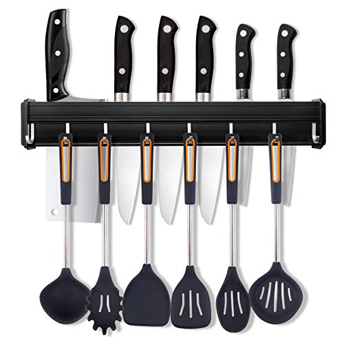Barra con Colgador de Utensilios Cocina con 8 Ganchos Extraíbles Utensilios de Cocina del Soporte de la Pared con Empulgueras y Pegamento, Aluminio, 50cm/19.7in
