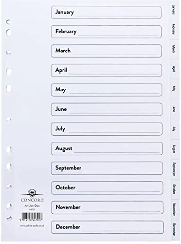 Concord White Index Polypropylene 120 Micron Europunched Jan-Dec A4 Ref 64701