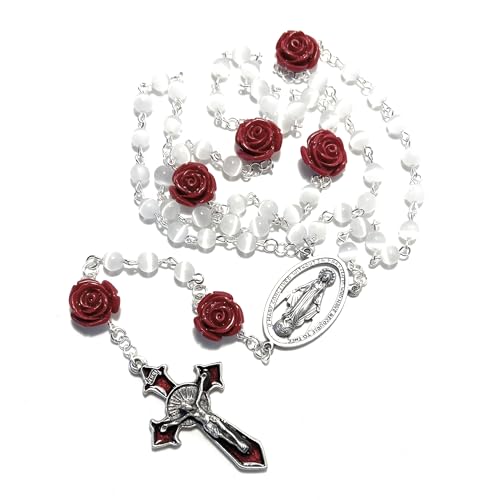 Handmade Rosary with White and Red Rose Beads and Optional Charm Add-On
