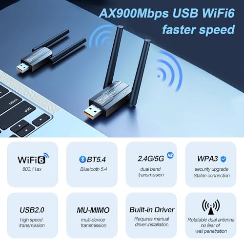 Image of 2-in-1 USB WiFi 6 Adapter for Desktop PC & Bluetooth 5.4 Dongle | 900Mbps - 5dBi Antenna - BT5.4 - Dual Band 5G /2.4G for Desktop PC Laptop - Built-in Driver - Windows 11 /10 /7 Compatible