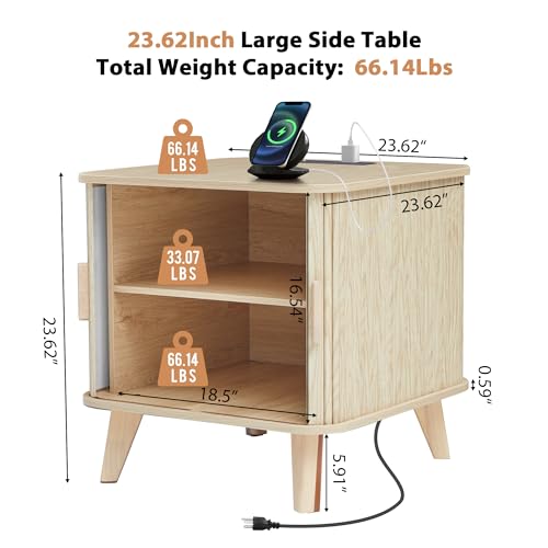 AVZEAR 24\" Large Square End Table with Charging Station, Farmhouse Fluted Sofa Side Table with Sliding Tambour Door & Storage, Curved Rustic Wood Nightstand for Living Room, Bedroom, Natural