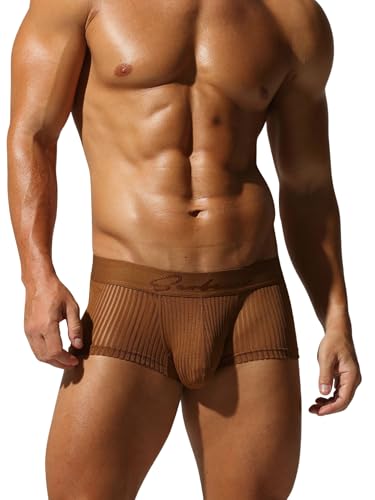 BIMONI Herren Boxershorts Braun – Transparente Mesh Low Rise Trunks Unterhose, Größe L