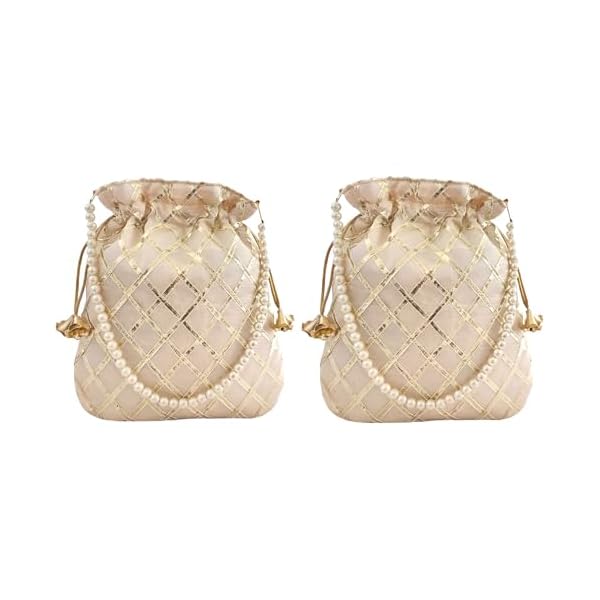 DUCHESS Women's Gota Patti Golden Potli Bag Purse with Pearl Handle (Pack of 2)