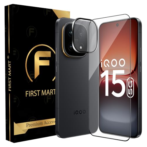 Image of FIRST MART Tempered Glass & Camera Lens for IQOO 15 With Edge to Edge Coverage, Case Friendly, Camera Metal Alloy Rings & Easy Installation Kit | Black, Ultrasonic Fingerprint Working