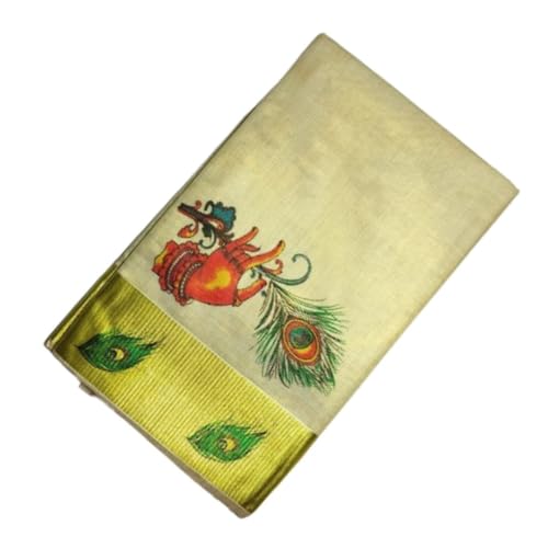 Image of Women's Kerala Kasavu Golden Gold Tissue Saree with Running Blouse Piece | Kerala Onam Saree with Tissue Mural Painted (Saree 5.5 meter, Blouse Piece 0.8 meter)