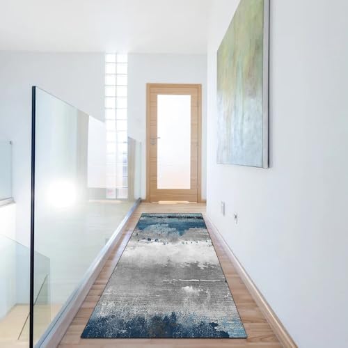 Alfombra lavable pasillo y dormitorio gris azul con base antideslizante 6
