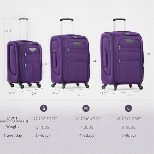 Softside Luggage Expandable 3 Piece Set – Premium 610D Fabric w/ TSA Lock & 360° Spinner Wheels, Lightweight Suitcase for Travel (20/24/28in), Ideal for Business Trips & Family Vacations(Purple)2