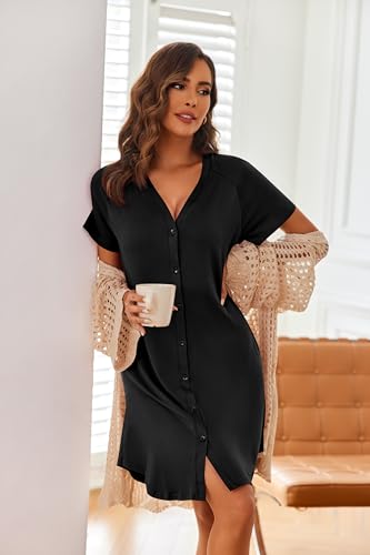 Ekouaer 3 Pack Women's Nightshirt Button Down Nightgown Short Sleeve Sleepshirt V Neck Pajama Dress with Pockets2