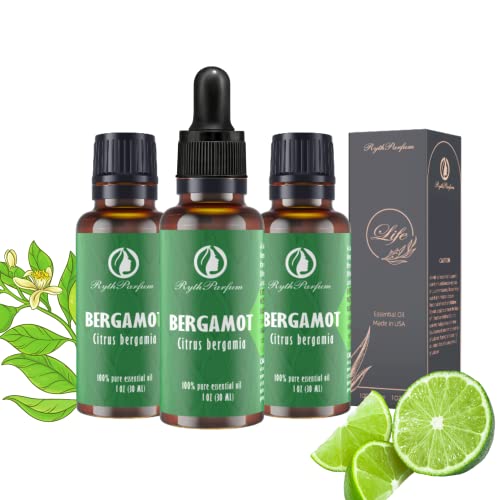 RythParfum Bergamot Oil (3PACKa of 1oz) with Eye Dropper|100% Pure Undiluted Natural Oil with Eye Dropper for Diffuser,Humidifier,Refreshing,Aromatherapy|Dropping CAPS for Face,Hair, Skin,Massage