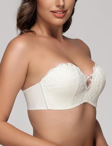 Image of Wingslove Women's Strapless Lace Bra Push Up Wirefree Bras Multi-Way Convertible Straps Padded Support Plus Size