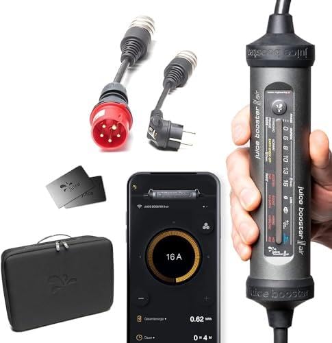 Juice Booster 3 Air Basic Set, Mobile Wallbox 11kW con App, Caricabatterie Auto Elettrica con Cavo Ricarica Auto Elettrica Tipo 2, Include Adattatore CEE16 Rosso 3 Fasi + EU Schuko