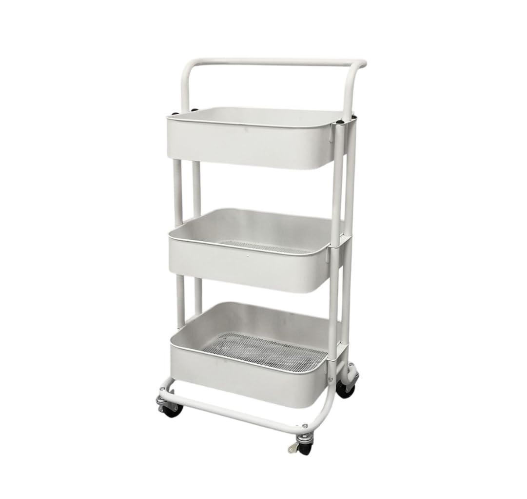 Carrello con 4 Ruote in Metallo 3 Ripiani per Cucina Bagno Multiuso Detersivi Porta Vivande Biancheria Robusto Resistenza Facile da Pulire 79x43x35cm