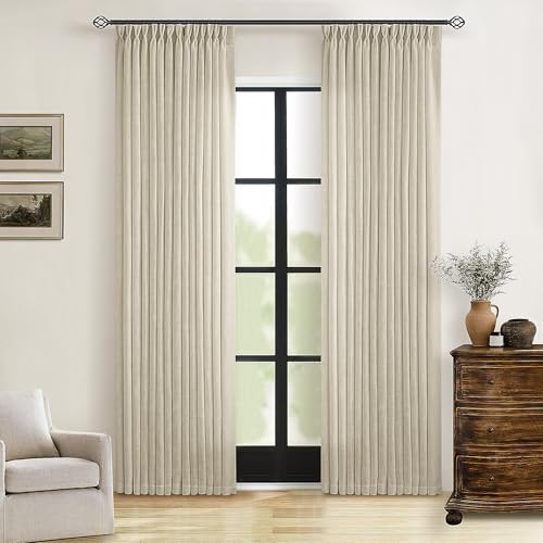 TWODRAPES Linen Pinch Pleated Linen Curtains 2 Panels for Living Room Bedroom Memory Training Shaped Semi Sheer Pleat Drapes with Hooks Rings Light Filtering Window Curtain 40x80