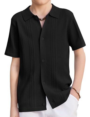 Arshiner Boys Button Down Shirt Short Sleeve Knit Fashion Casual Beach Shirts for Kids 4-5Y, Black